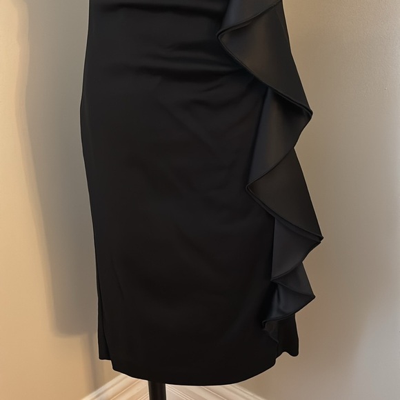 Le Chateau Black Sleeveless Dress with Asymmetrical Floral Ruffle Sz M - Picture 3 of 10